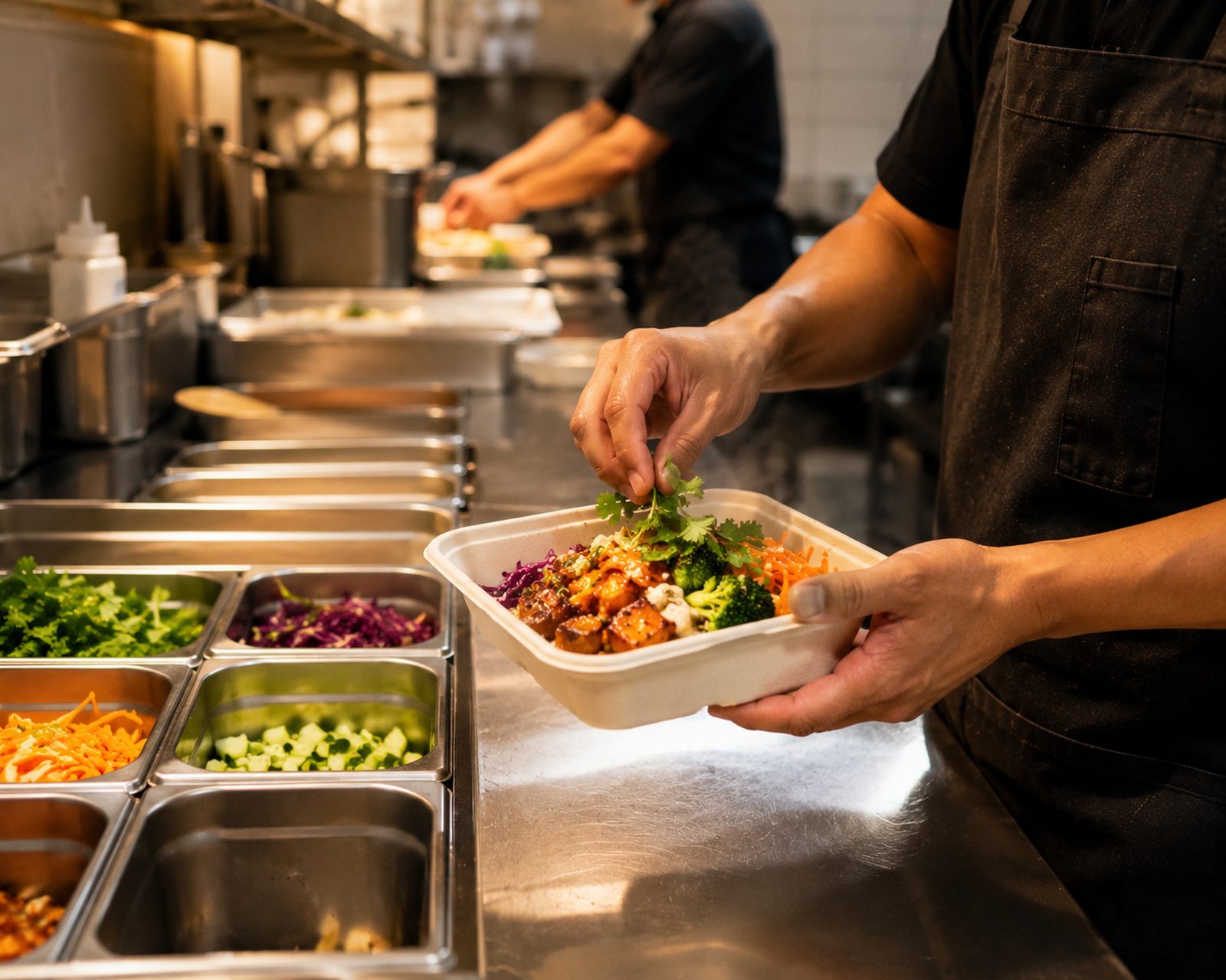 The kitchen line plating an order into a takeaway container.