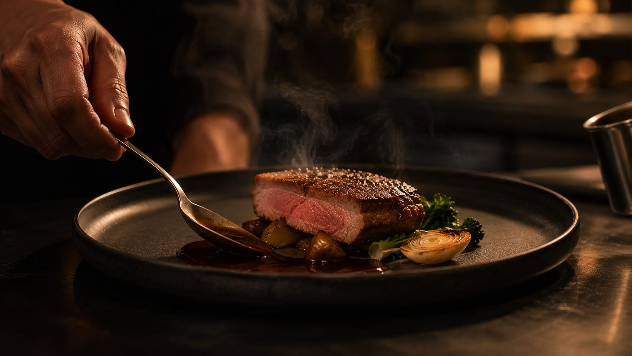 A main course being finished with sauce as steam rises.