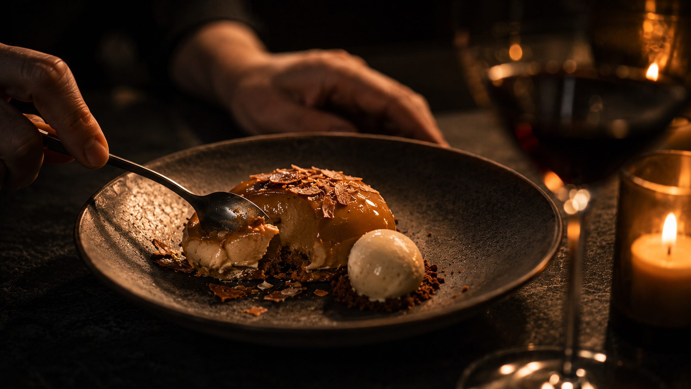 A plated dessert at the table with a candle and wine glass behind.