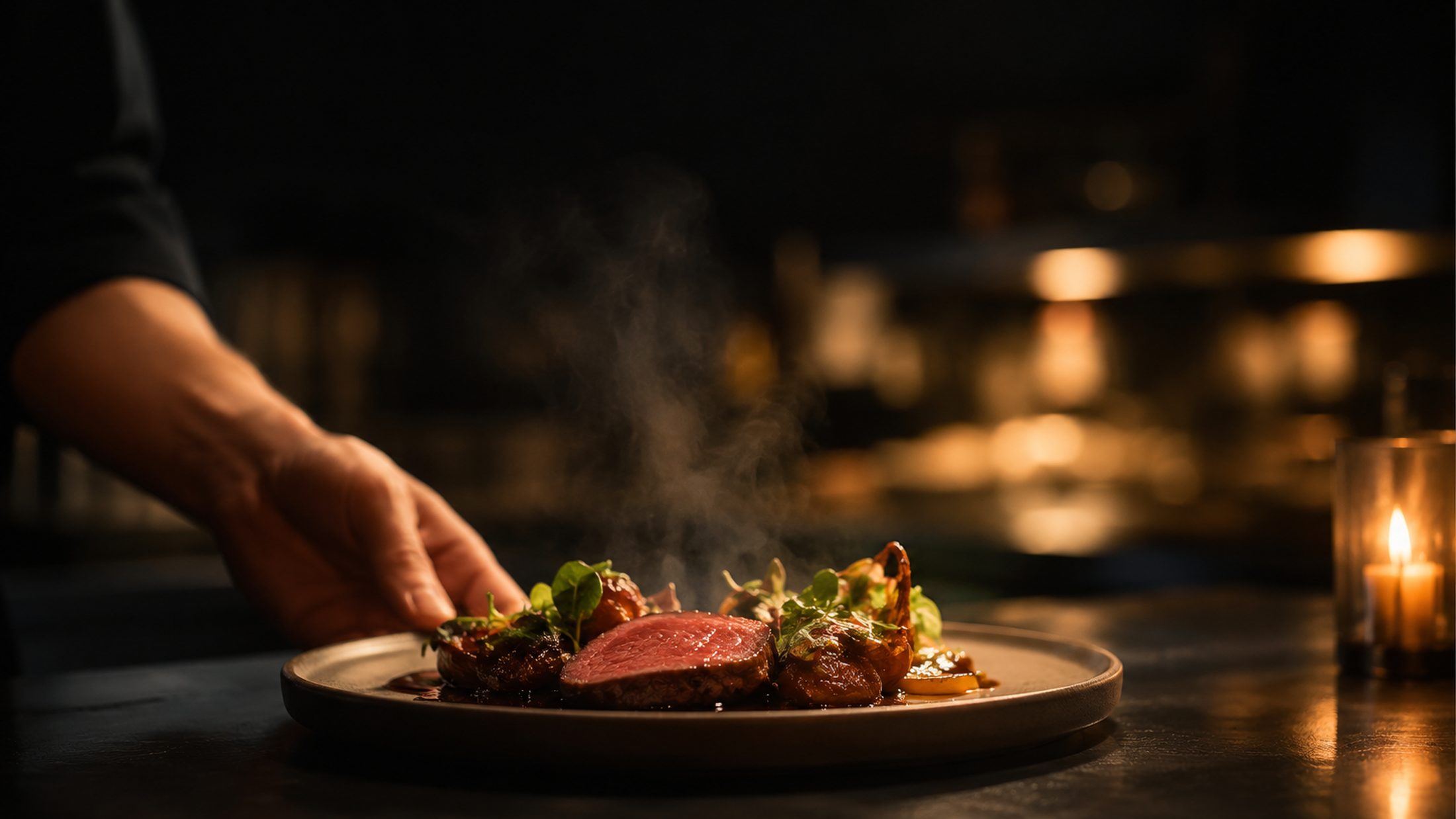 A signature dish plated at the pass under warm low light.