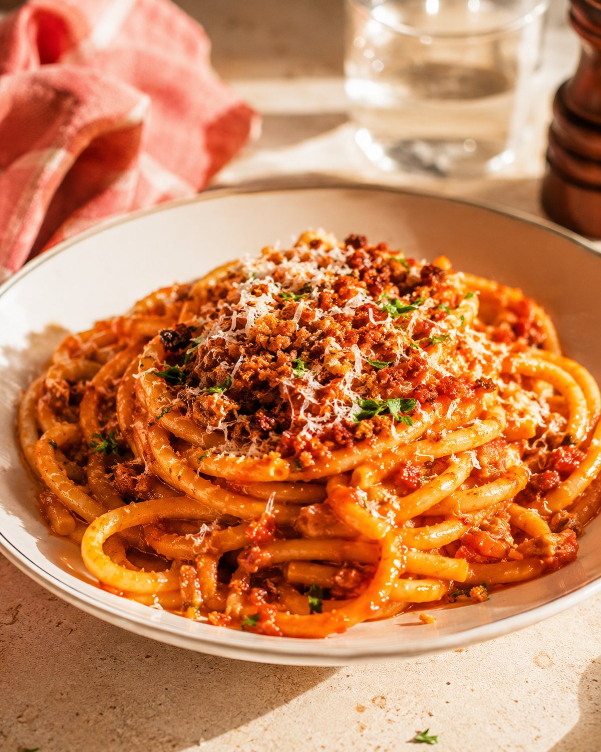 The signature pasta, twirled and glossy.