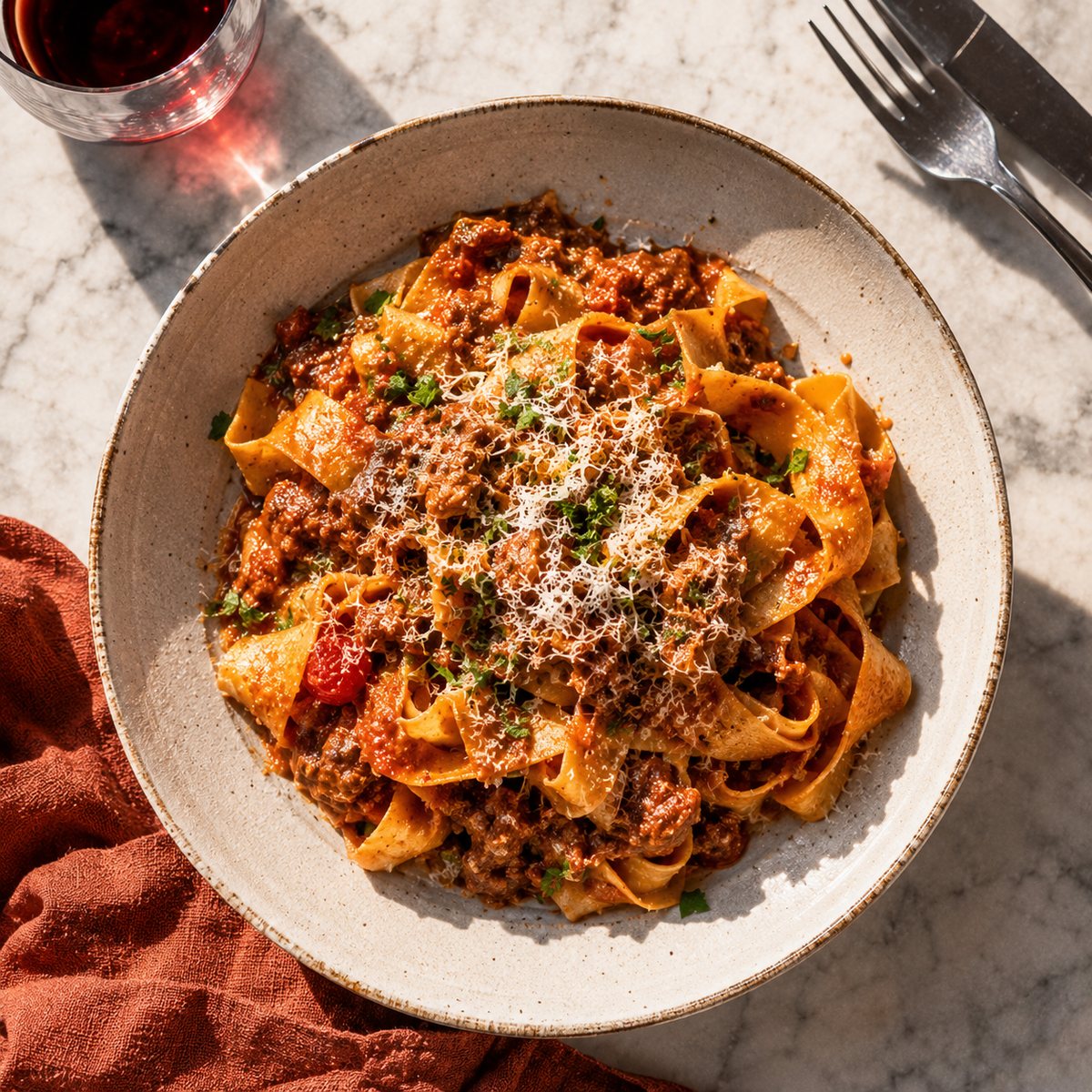 The signature dish from above, bright and saucy.