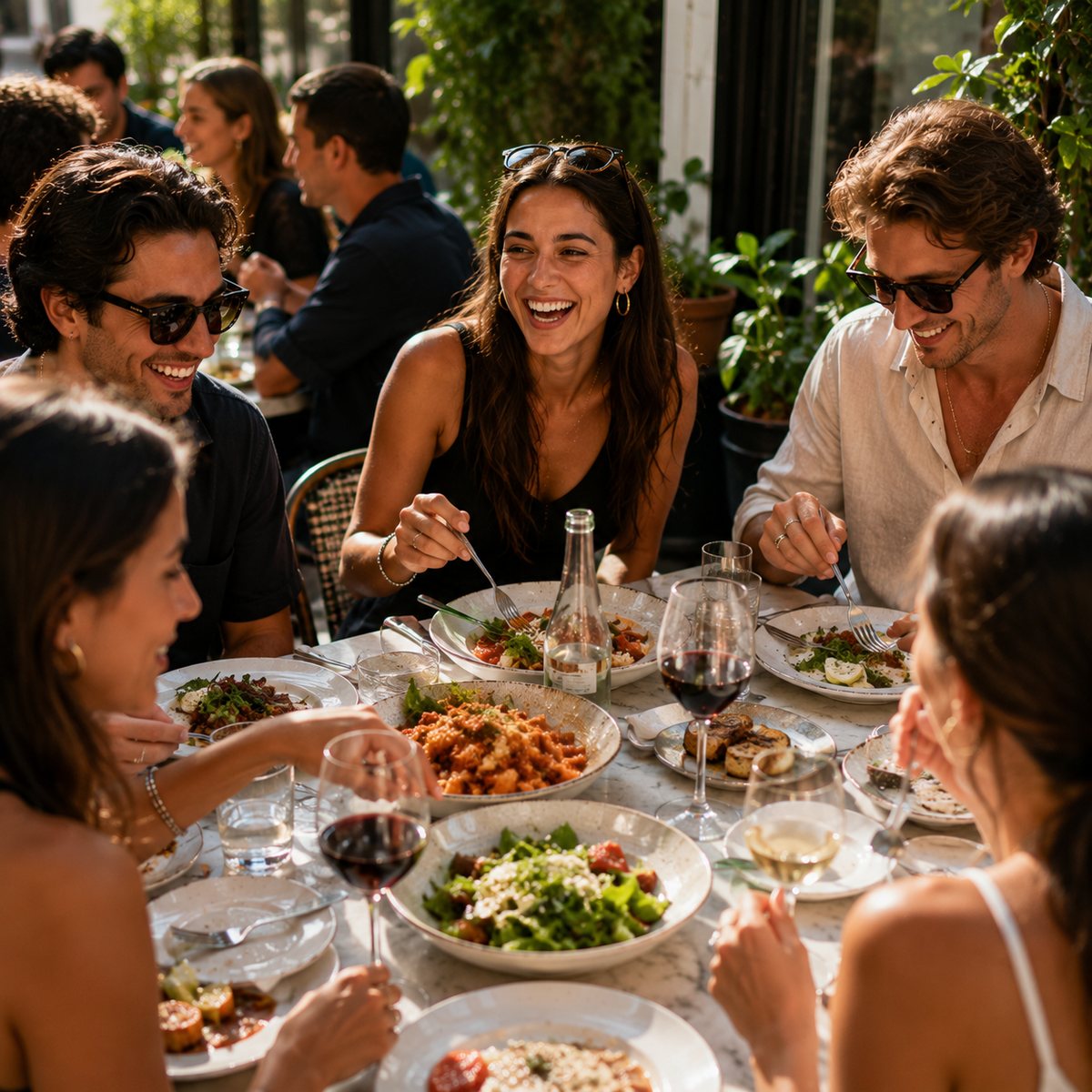 A table of friends mid-laugh, plates everywhere.