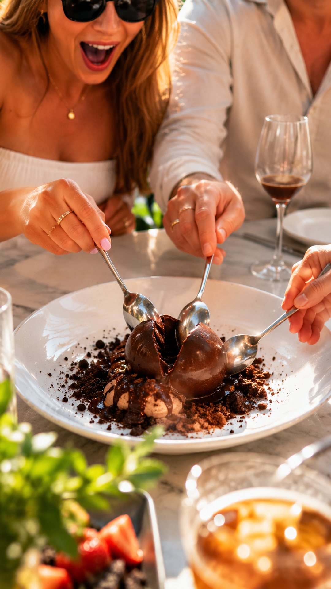 A dessert moment, spoons diving in, a table reacting.