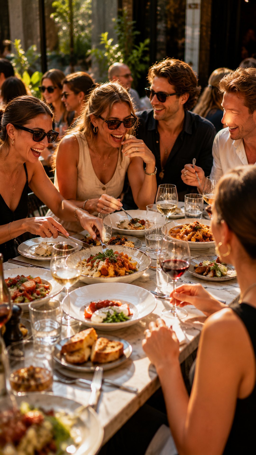 A full table of friends mid-laugh, plates everywhere.