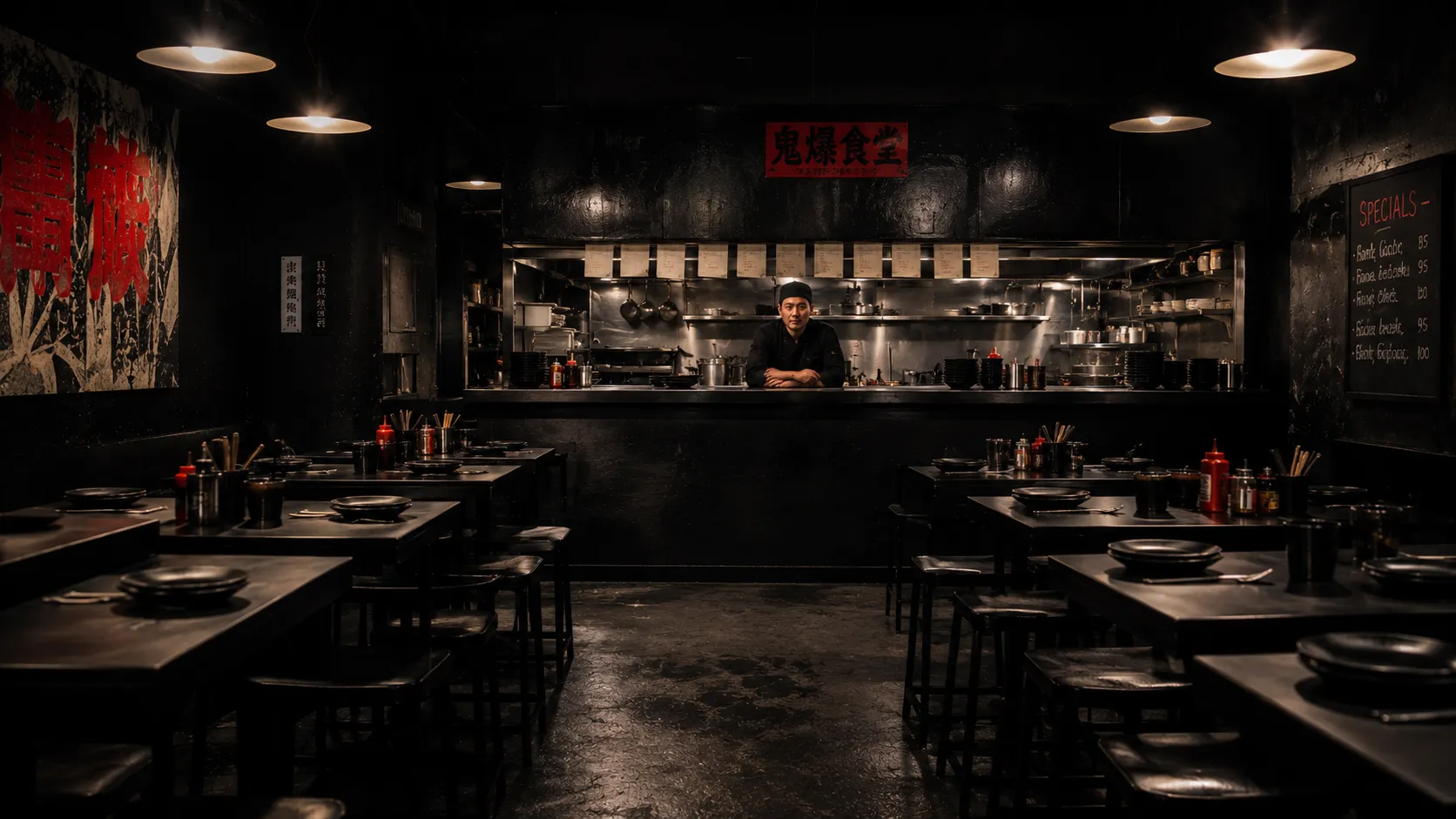 Restaurant dining room set just before doors open, black ceramic plates on tables, open kitchen pass visible behind.