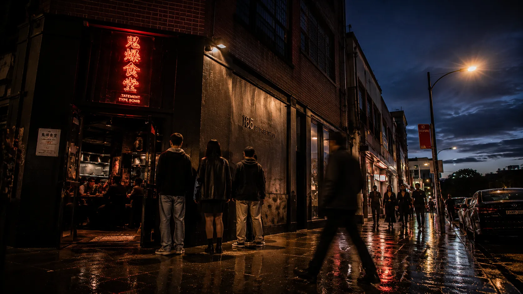 Venue entrance at dusk, line starting outside, signage glowing, wet pavement reflecting the warm light.