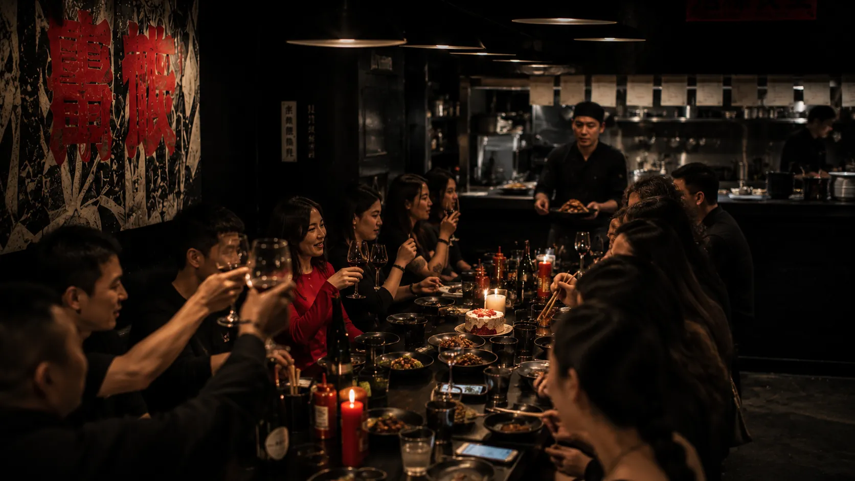 Long communal table mid-service with 12 seats filled, hands reaching across shared plates, wine glasses raised.