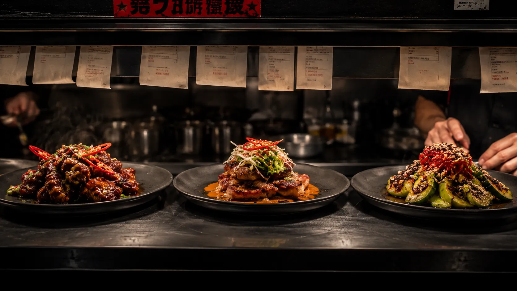 Three signature dishes lined up on the kitchen pass at peak service, steam rising, hands plating in motion.