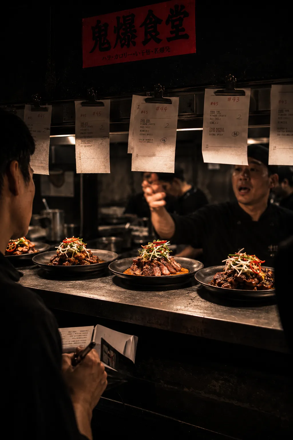 Kitchen pass at peak service, plates lined under warming lamps, tickets on the rail, chef calling out mid-gesture.
