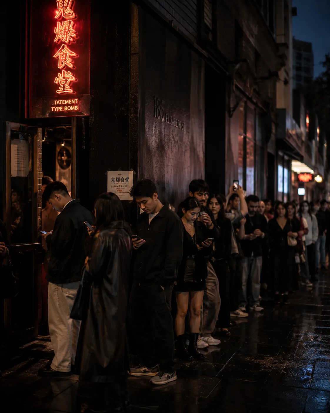 Customers queuing outside a venue at dusk, phones up, streetlights coming on, warm light spilling from the open door.