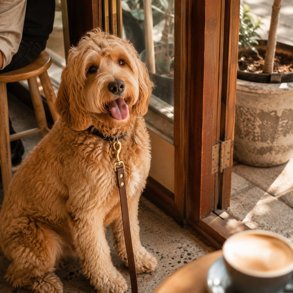 The friendly weekend dog waiting by the door.