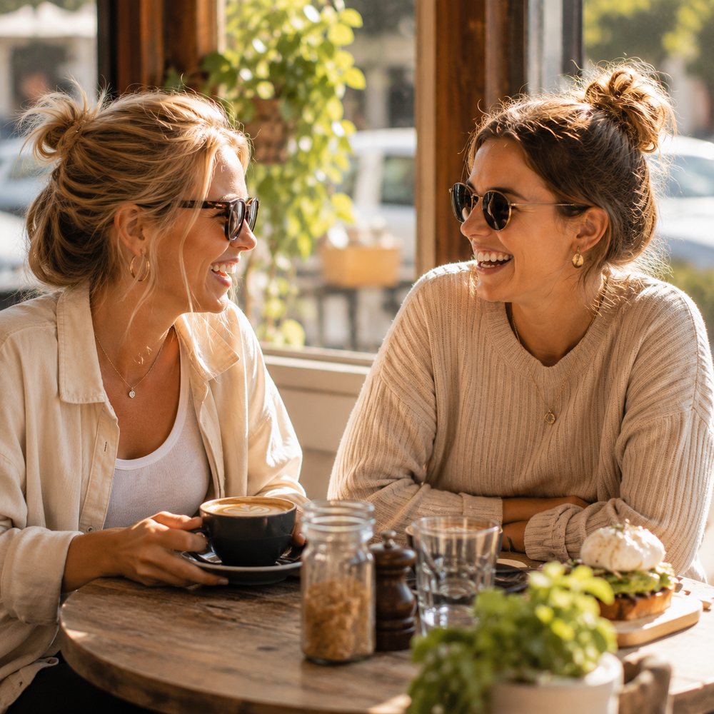 Two regulars laughing over coffee.