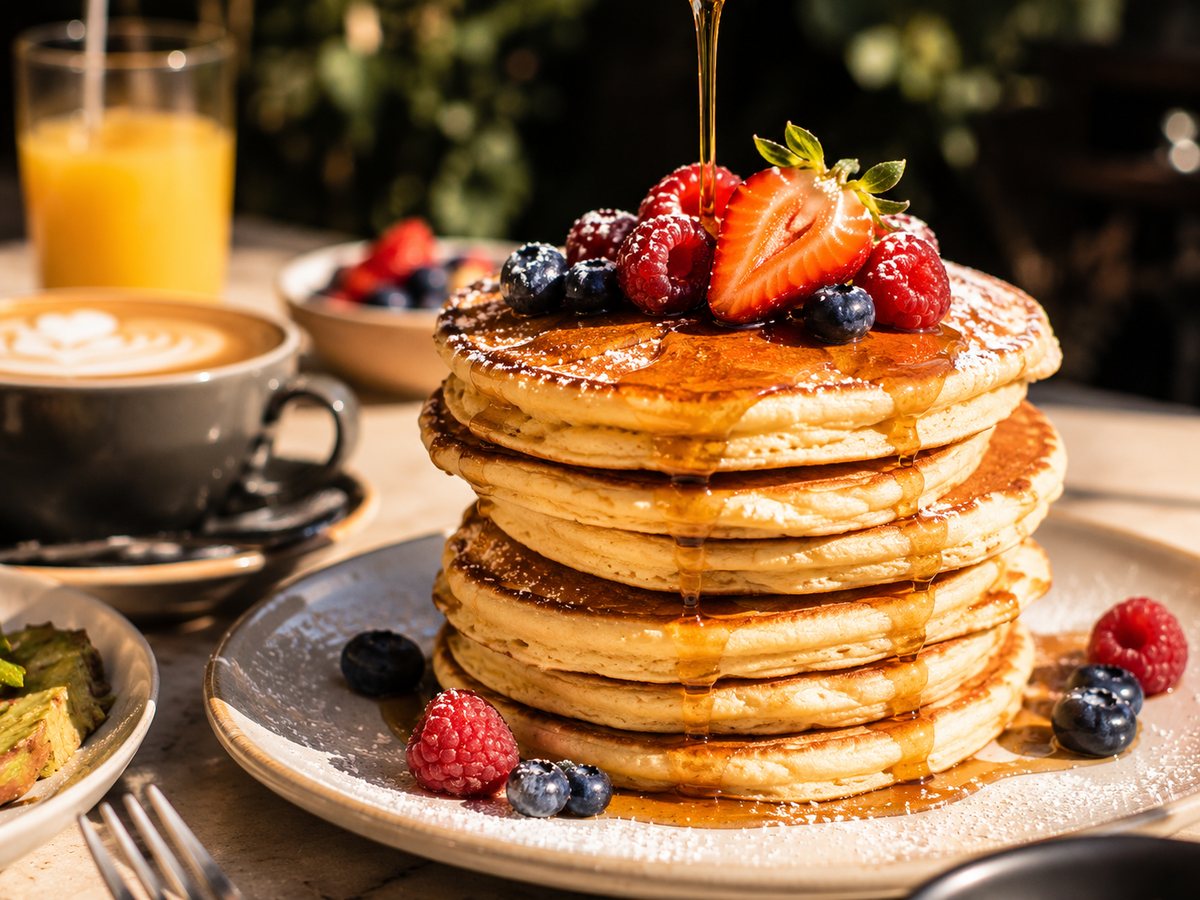 A tall stack of pancakes drowned in syrup with berries on top.