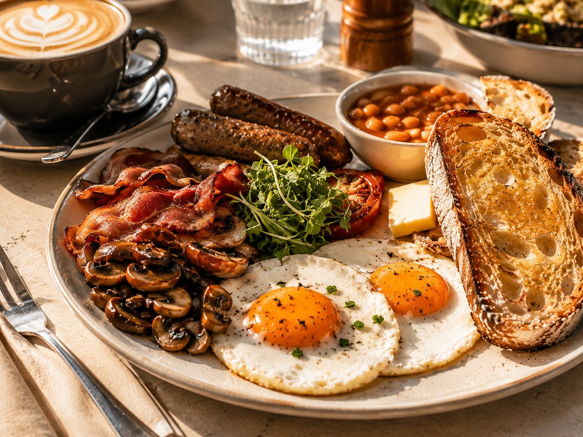 A loaded big breakfast plate, everything on one plate.