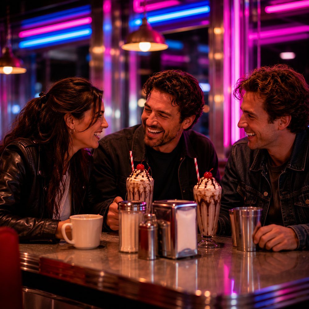 Three regulars laughing together at the chrome diner counter with milkshakes.