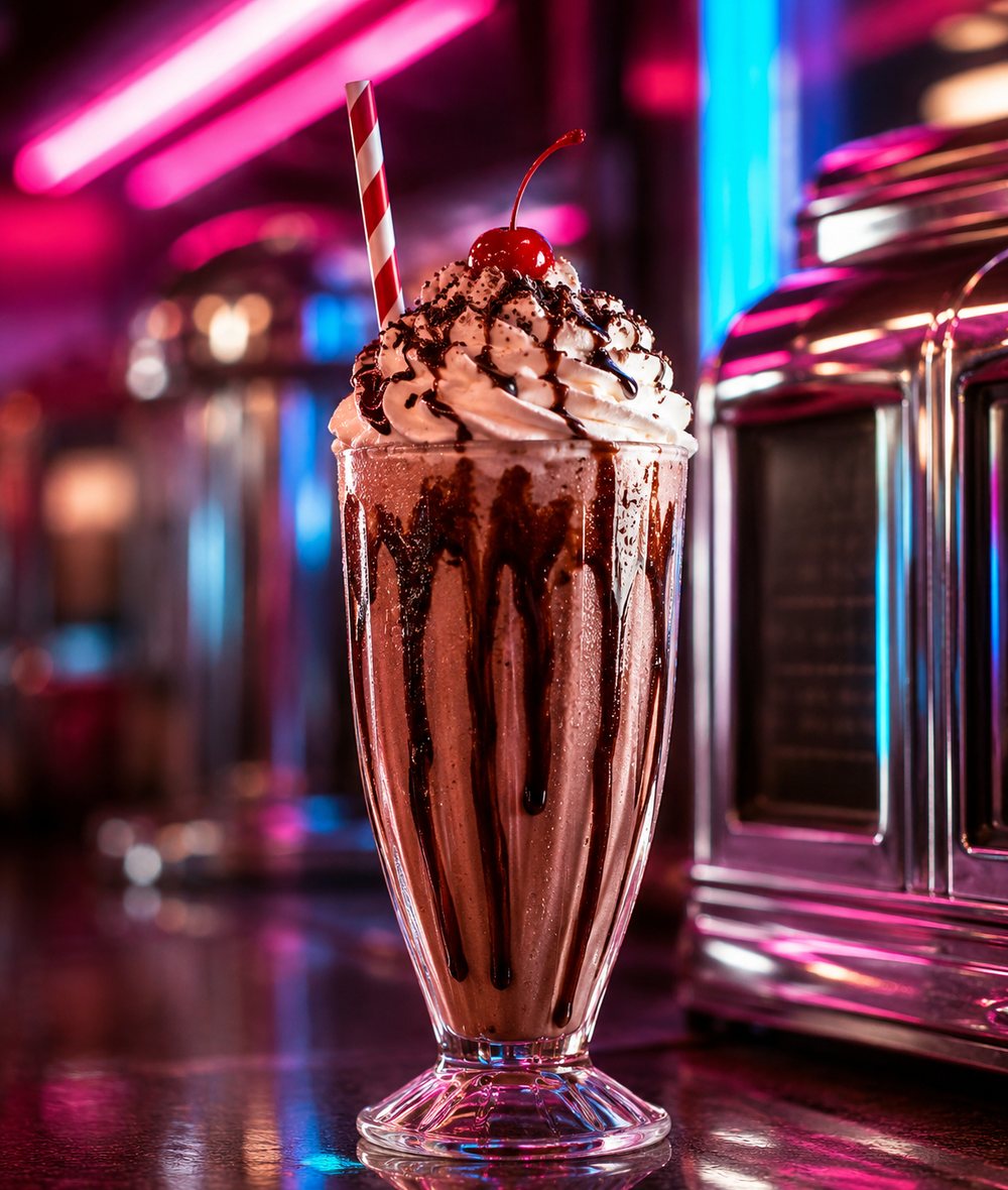 A tall malted milkshake with a whipped peak and a cherry, neon glow behind.